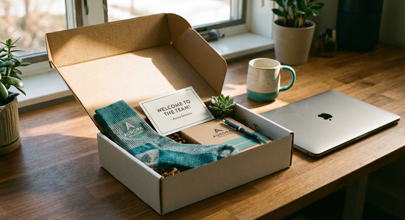 Employer Branding Geschenk: Willkommensbox mit gebrandeten Socken und Welcome-Karte auf einem Schreibtisch