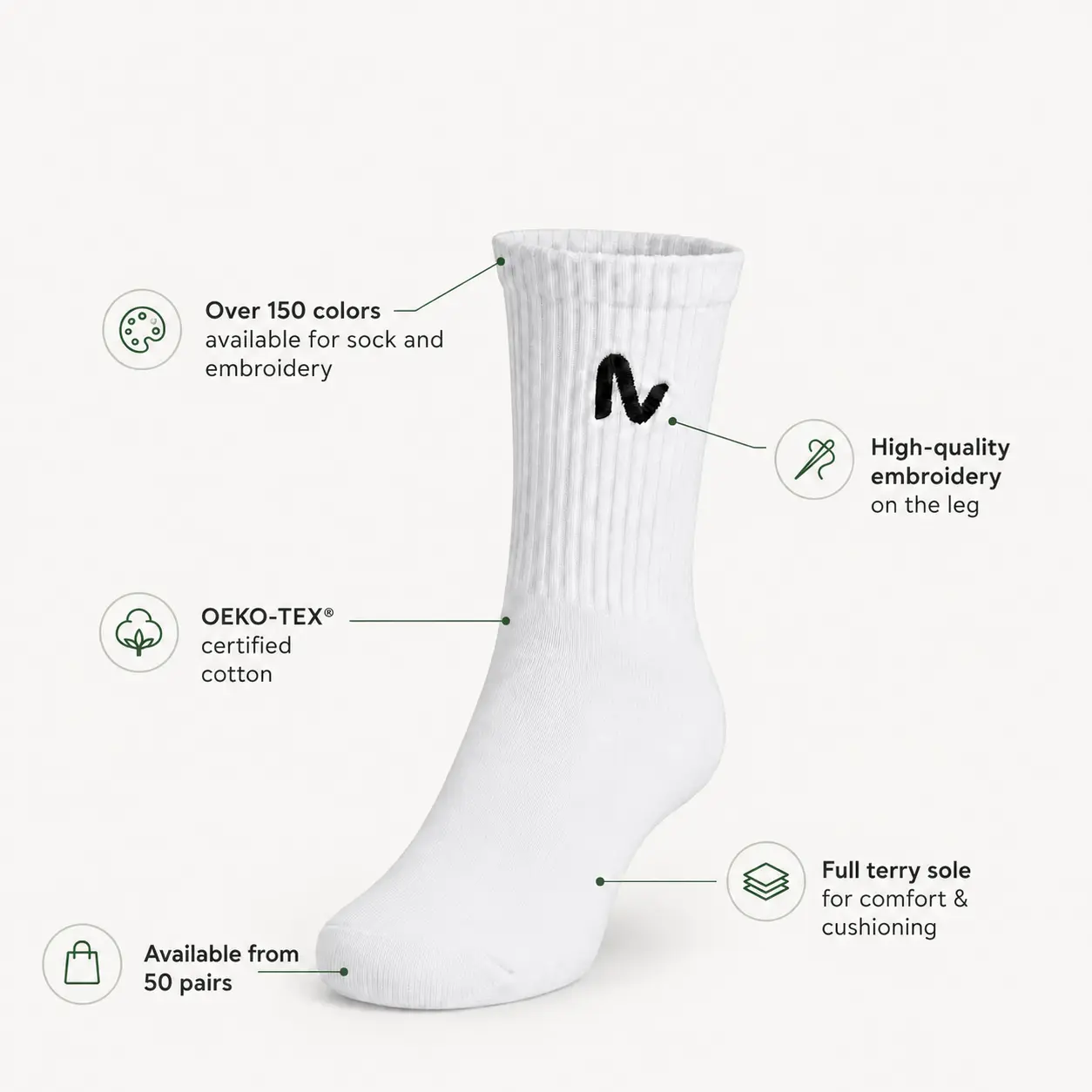 Embroidered crew socks with custom logo
