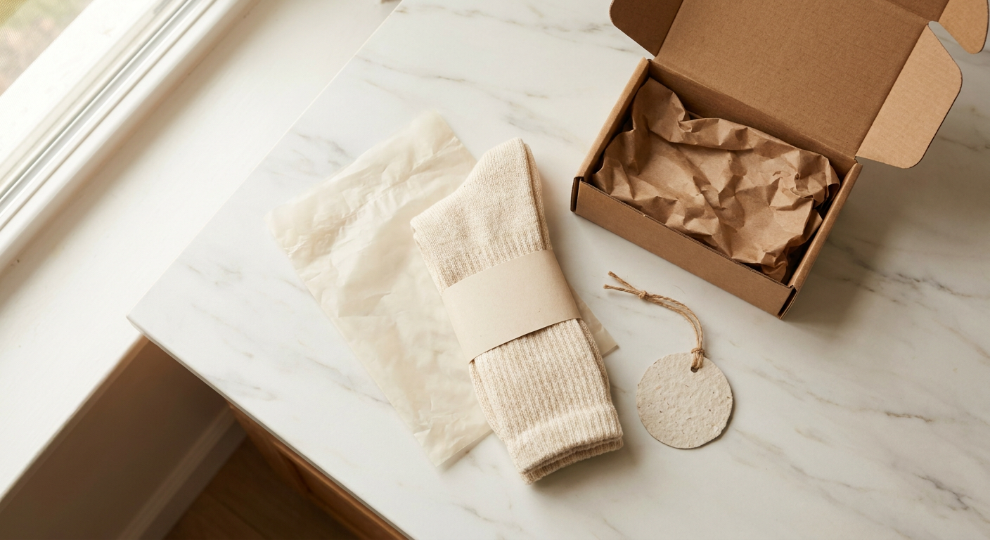 Nachhaltige Verpackungsmaterialien von Logosocke: kompostierbare Kartoffelstärke-Beutel und recycelbare Kartons