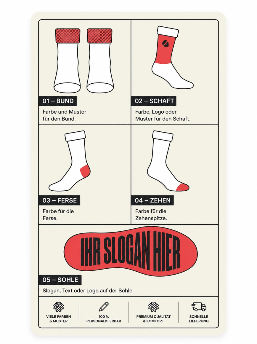 Personalisierte Socken - 5 Zonen individualisierbar: Bund, Schaft, Ferse, Zehen und Sohle