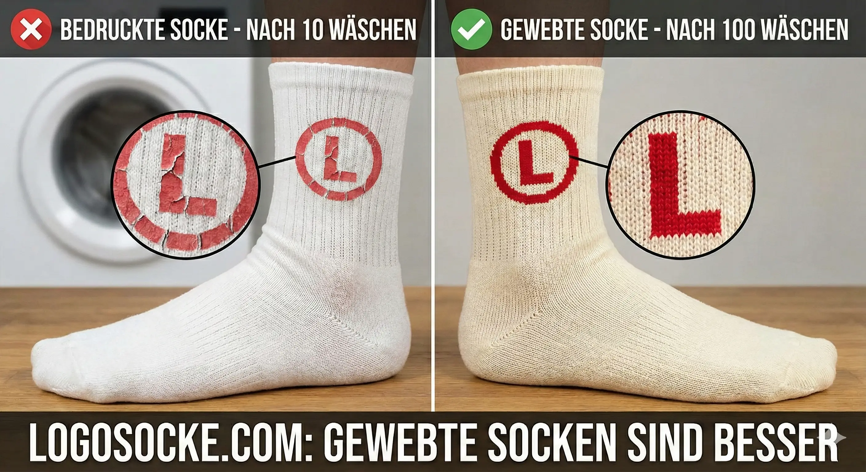Gegenüberstellung einer bedruckten und einer gewebten Socke. Das bedruckte Design blättert ab.