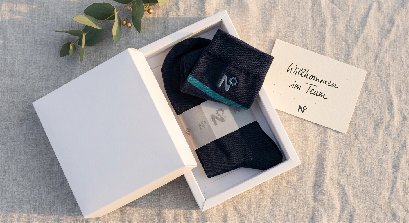 Socken mit Firmenbranding als Willkommensgeschenk für neue Mitarbeiter mit individueller Banderole und Geschenkbox